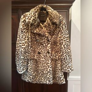 Faux leopard double breasted coat.